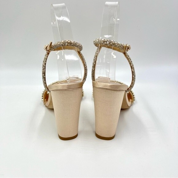 Badgley Mischka Size 5 Kari Soft Nude‎ Satin Jeweled Block Open Toe Heels Shoes - Picture 8 of 13